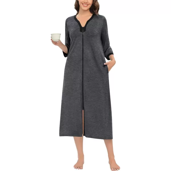 SWOMOG Women Zipper Robes 34 Sleeves Housecoat Zip Up Bathrobes Full Length Nightgown Loungewear with PocketsDeep Grey