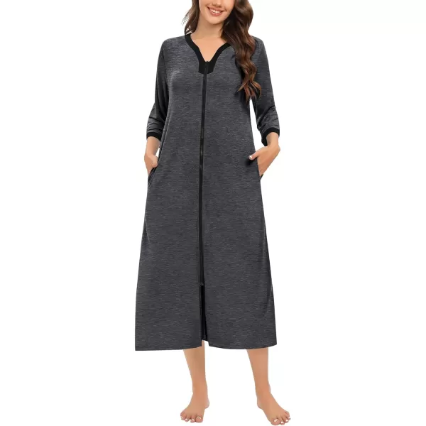 SWOMOG Women Zipper Robes 34 Sleeves Housecoat Zip Up Bathrobes Full Length Nightgown Loungewear with PocketsDeep Grey