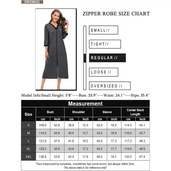 SWOMOG Women Zipper Robes 34 Sleeves Housecoat Zip Up Bathrobes Full Length Nightgown Loungewear with PocketsDeep Grey