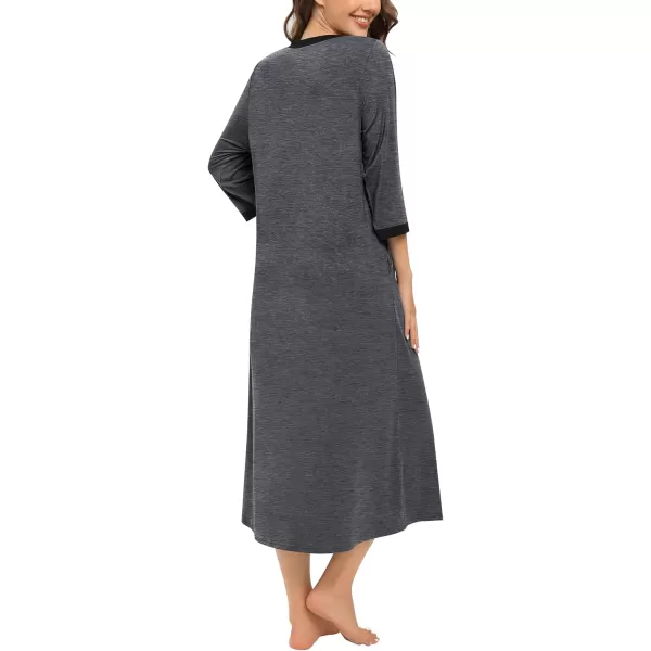 SWOMOG Women Zipper Robes 34 Sleeves Housecoat Zip Up Bathrobes Full Length Nightgown Loungewear with PocketsDeep Grey