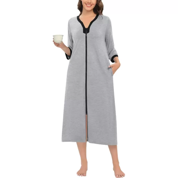 SWOMOG Women Zipper Robes 34 Sleeves Housecoat Zip Up Bathrobes Full Length Nightgown Loungewear with PocketsGrey