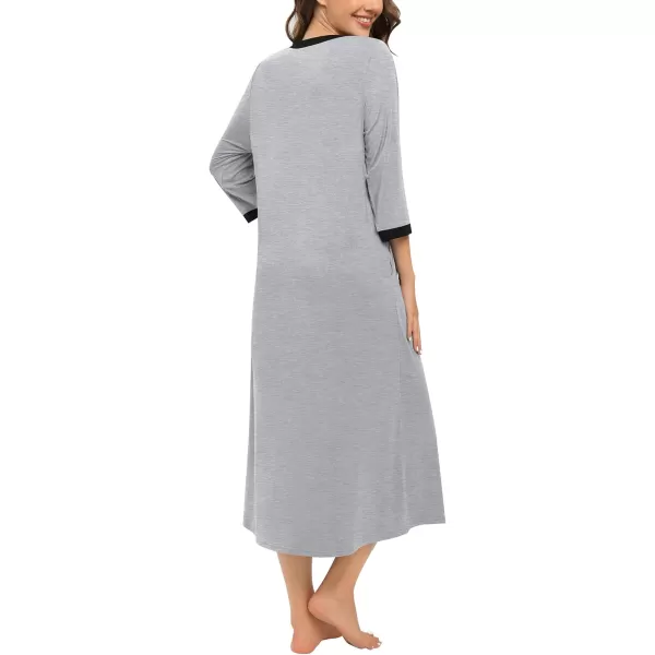 SWOMOG Women Zipper Robes 34 Sleeves Housecoat Zip Up Bathrobes Full Length Nightgown Loungewear with PocketsGrey