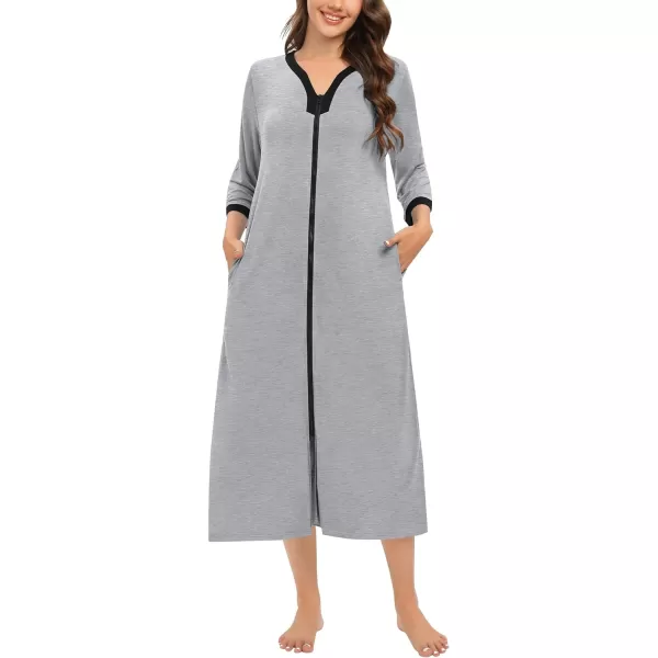 SWOMOG Women Zipper Robes 34 Sleeves Housecoat Zip Up Bathrobes Full Length Nightgown Loungewear with PocketsGrey