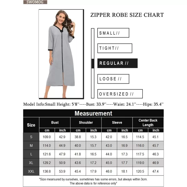 SWOMOG Women Zipper Robes 34 Sleeves Housecoat Zip Up Bathrobes Full Length Nightgown Loungewear with PocketsGrey