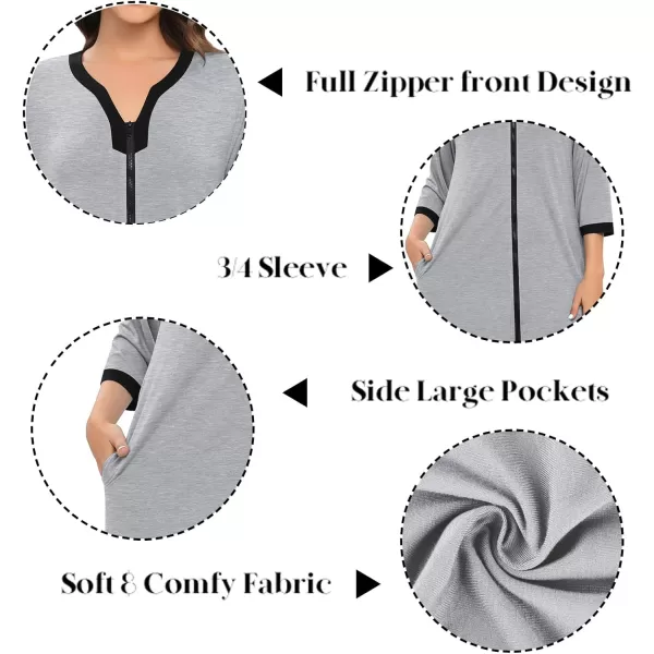 SWOMOG Women Zipper Robes 34 Sleeves Housecoat Zip Up Bathrobes Full Length Nightgown Loungewear with PocketsGrey