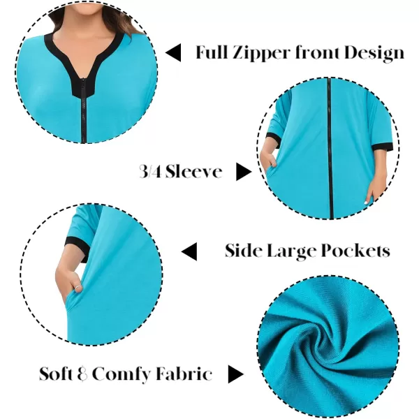 SWOMOG Women Zipper Robes 34 Sleeves Housecoat Zip Up Bathrobes Full Length Nightgown Loungewear with PocketsPeacock Blue