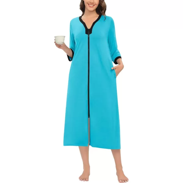 SWOMOG Women Zipper Robes 34 Sleeves Housecoat Zip Up Bathrobes Full Length Nightgown Loungewear with PocketsPeacock Blue