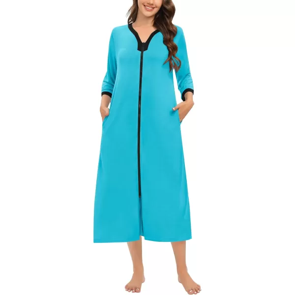 SWOMOG Women Zipper Robes 34 Sleeves Housecoat Zip Up Bathrobes Full Length Nightgown Loungewear with PocketsPeacock Blue