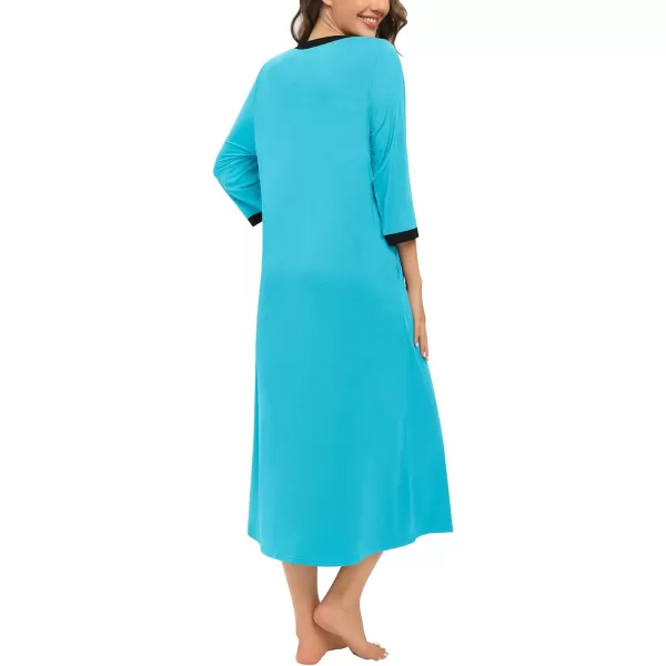 SWOMOG Women Zipper Robes 34 Sleeves Housecoat Zip Up Bathrobes Full Length Nightgown Loungewear with PocketsPeacock Blue