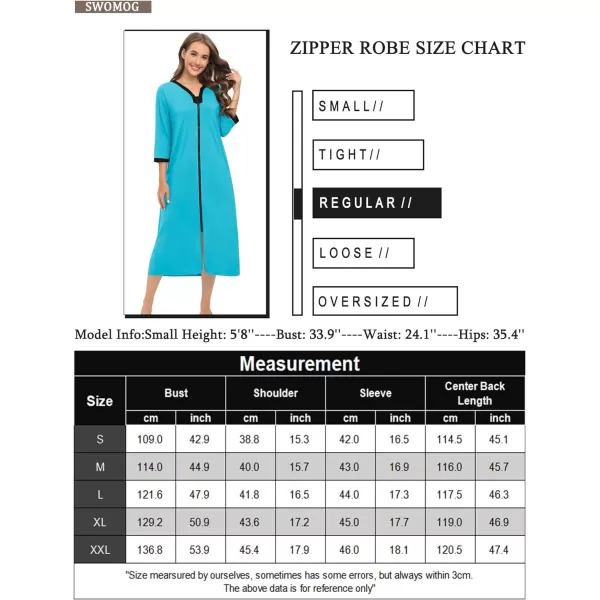 SWOMOG Women Zipper Robes 34 Sleeves Housecoat Zip Up Bathrobes Full Length Nightgown Loungewear with PocketsPeacock Blue