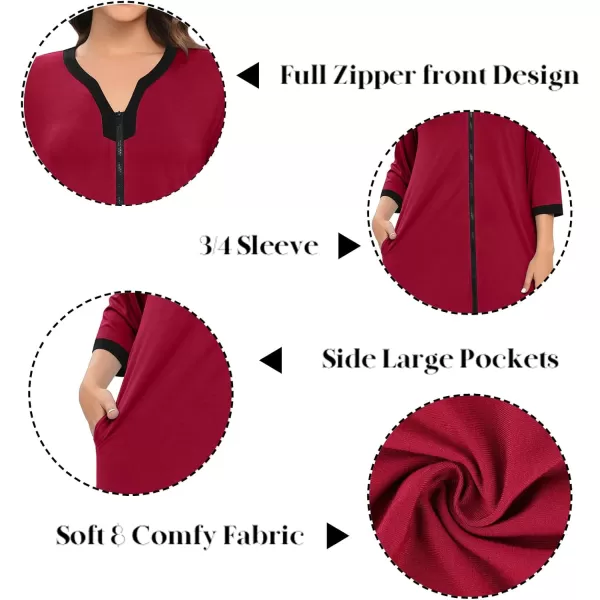 SWOMOG Women Zipper Robes 34 Sleeves Housecoat Zip Up Bathrobes Full Length Nightgown Loungewear with PocketsWine Red