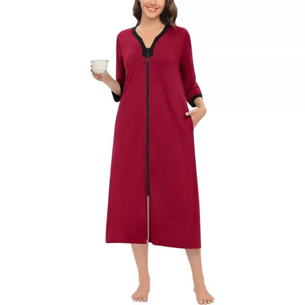 SWOMOG Women Zipper Robes 34 Sleeves Housecoat Zip Up Bathrobes Full Length Nightgown Loungewear with PocketsWine Red