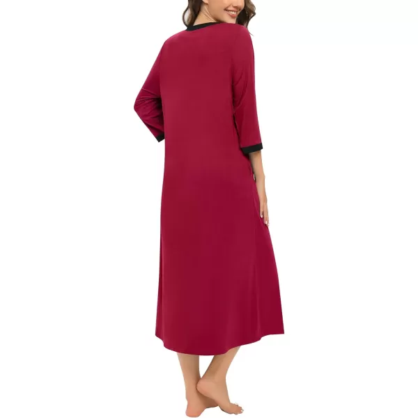 SWOMOG Women Zipper Robes 34 Sleeves Housecoat Zip Up Bathrobes Full Length Nightgown Loungewear with PocketsWine Red