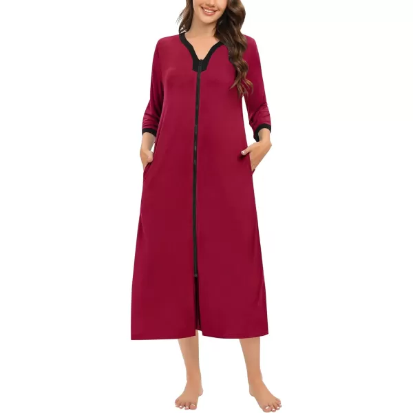 SWOMOG Women Zipper Robes 34 Sleeves Housecoat Zip Up Bathrobes Full Length Nightgown Loungewear with PocketsWine Red