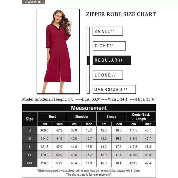 SWOMOG Women Zipper Robes 34 Sleeves Housecoat Zip Up Bathrobes Full Length Nightgown Loungewear with PocketsWine Red