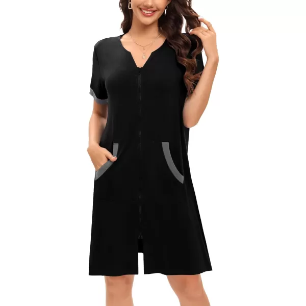 SWOMOG Women Zipper Up Robe Short Sleeves Nightgown Zip Front Housecoat Soft Bathrobe with PocketsBlack