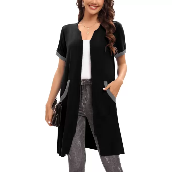 SWOMOG Women Zipper Up Robe Short Sleeves Nightgown Zip Front Housecoat Soft Bathrobe with PocketsBlack