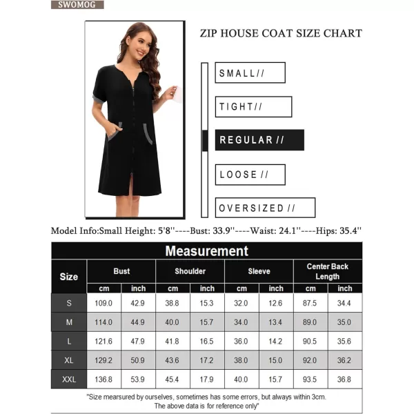 SWOMOG Women Zipper Up Robe Short Sleeves Nightgown Zip Front Housecoat Soft Bathrobe with PocketsBlack