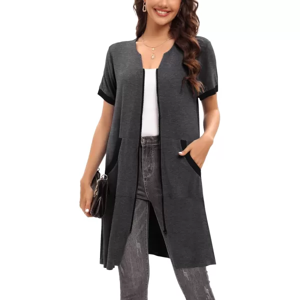 SWOMOG Women Zipper Up Robe Short Sleeves Nightgown Zip Front Housecoat Soft Bathrobe with PocketsDeep Grey