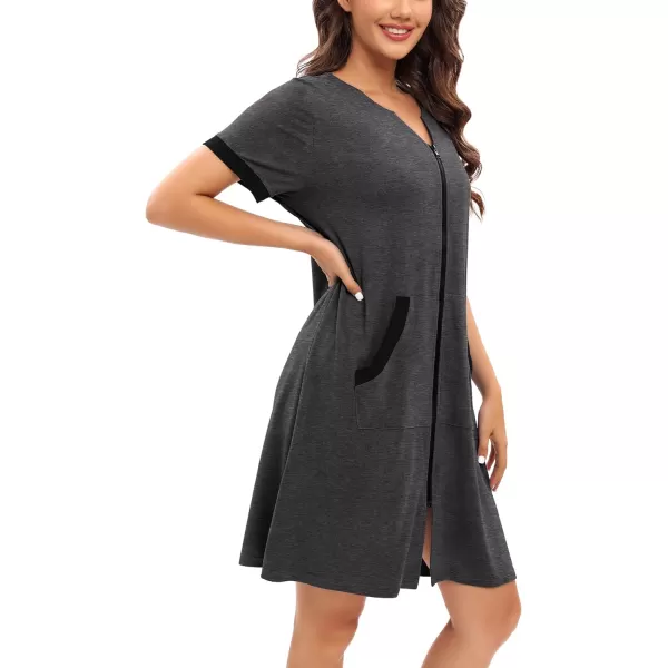 SWOMOG Women Zipper Up Robe Short Sleeves Nightgown Zip Front Housecoat Soft Bathrobe with PocketsDeep Grey