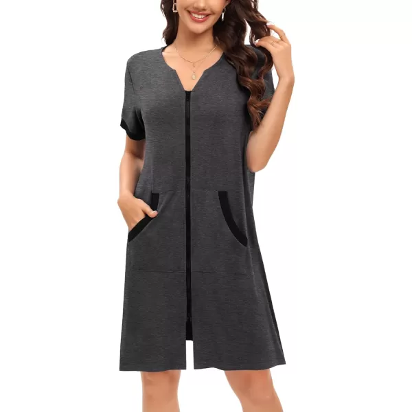 SWOMOG Women Zipper Up Robe Short Sleeves Nightgown Zip Front Housecoat Soft Bathrobe with PocketsDeep Grey