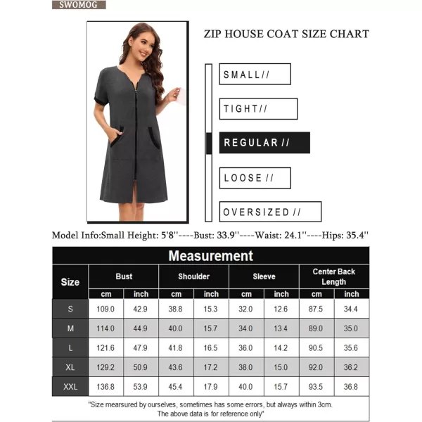 SWOMOG Women Zipper Up Robe Short Sleeves Nightgown Zip Front Housecoat Soft Bathrobe with PocketsDeep Grey