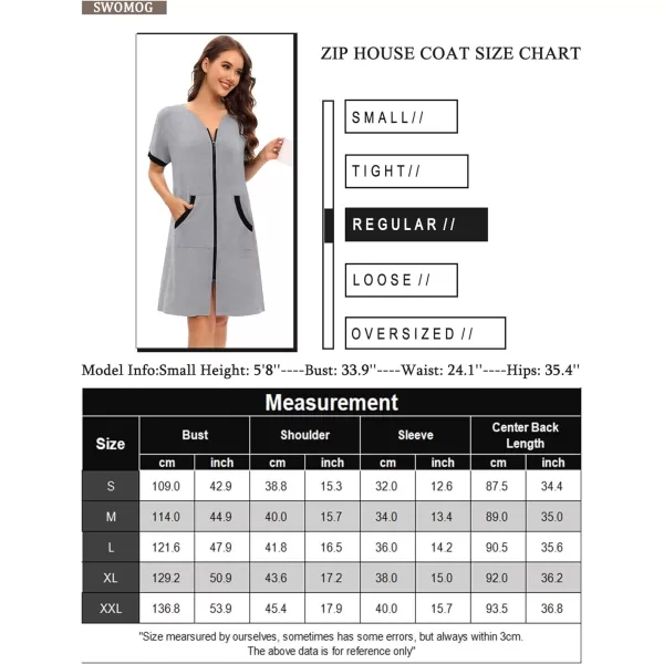 SWOMOG Women Zipper Up Robe Short Sleeves Nightgown Zip Front Housecoat Soft Bathrobe with PocketsGrey