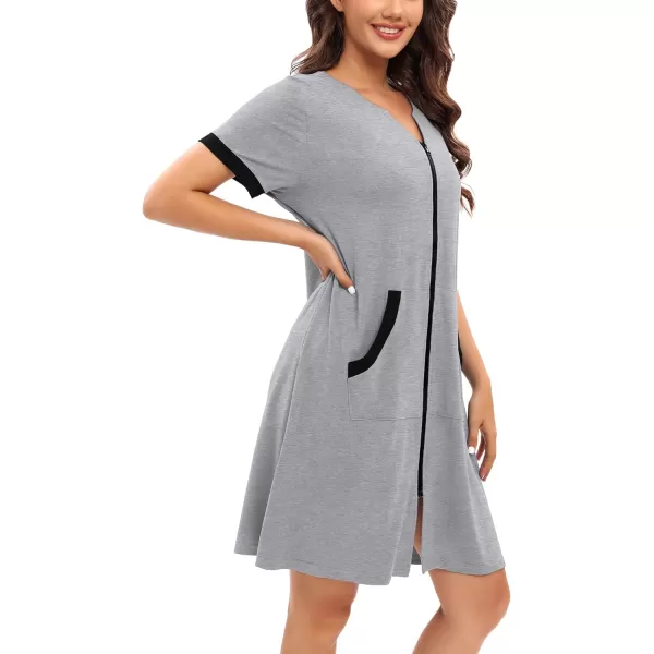 SWOMOG Women Zipper Up Robe Short Sleeves Nightgown Zip Front Housecoat Soft Bathrobe with PocketsGrey