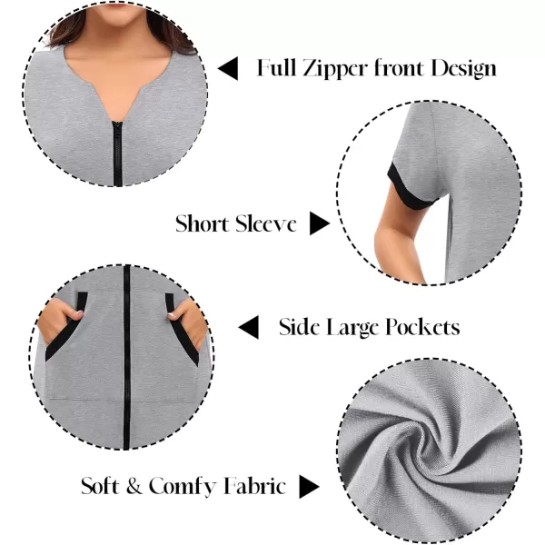 SWOMOG Women Zipper Up Robe Short Sleeves Nightgown Zip Front Housecoat Soft Bathrobe with PocketsGrey