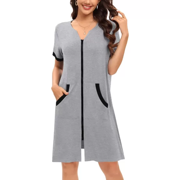 SWOMOG Women Zipper Up Robe Short Sleeves Nightgown Zip Front Housecoat Soft Bathrobe with PocketsGrey