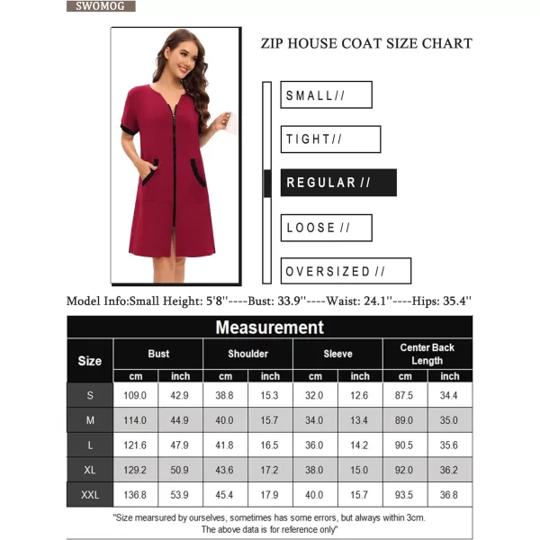 SWOMOG Women Zipper Up Robe Short Sleeves Nightgown Zip Front Housecoat Soft Bathrobe with PocketsWine Red