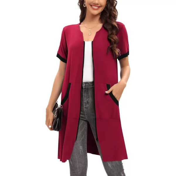 SWOMOG Women Zipper Up Robe Short Sleeves Nightgown Zip Front Housecoat Soft Bathrobe with PocketsWine Red