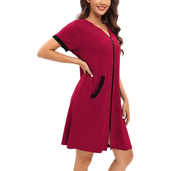 SWOMOG Women Zipper Up Robe Short Sleeves Nightgown Zip Front Housecoat Soft Bathrobe with PocketsWine Red