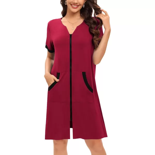 SWOMOG Women Zipper Up Robe Short Sleeves Nightgown Zip Front Housecoat Soft Bathrobe with PocketsWine Red