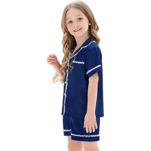 SWOMOG Women amp Girls Silk Satin Pajamas Set 2 Pcs Lace Pjs Button Down Sleepwear Nightwear Gifts for KidMom Mothers DayKids Navy Blue