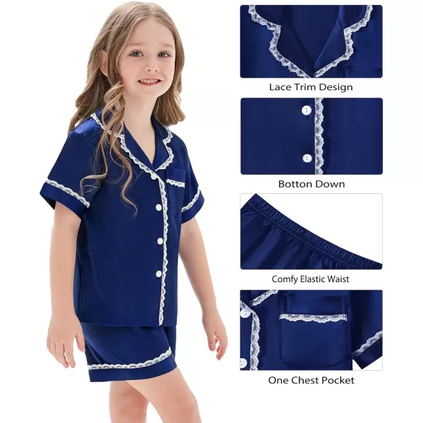 SWOMOG Women amp Girls Silk Satin Pajamas Set 2 Pcs Lace Pjs Button Down Sleepwear Nightwear Gifts for KidMom Mothers DayKids Navy Blue