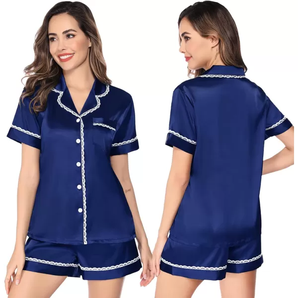 SWOMOG Women amp Girls Silk Satin Pajamas Set 2 Pcs Lace Pjs Button Down Sleepwear Nightwear Gifts for KidMom Mothers DayKids Navy Blue