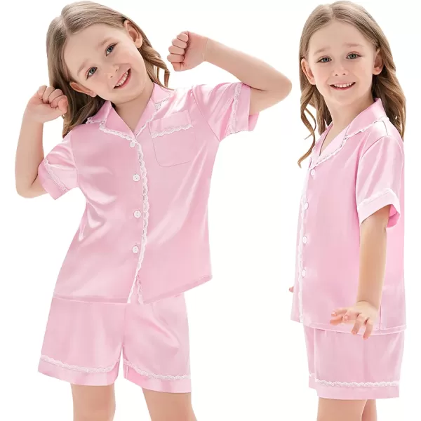 SWOMOG Women amp Girls Silk Satin Pajamas Set 2 Pcs Lace Pjs Button Down Sleepwear Nightwear Gifts for KidMom Mothers DayKids Pink