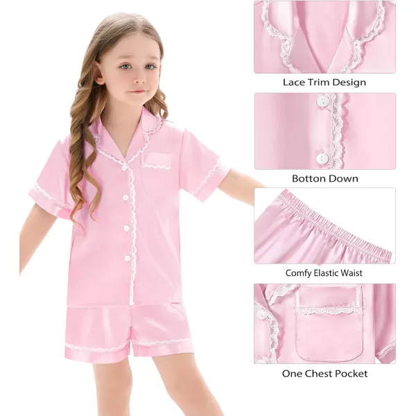 SWOMOG Women amp Girls Silk Satin Pajamas Set 2 Pcs Lace Pjs Button Down Sleepwear Nightwear Gifts for KidMom Mothers DayKids Pink