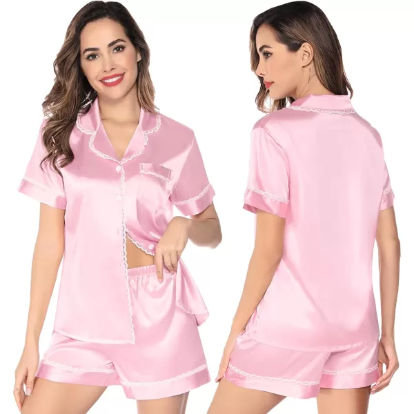 SWOMOG Women amp Girls Silk Satin Pajamas Set 2 Pcs Lace Pjs Button Down Sleepwear Nightwear Gifts for KidMom Mothers DayKids Pink