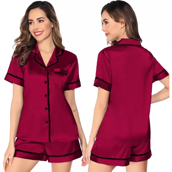 SWOMOG Women amp Girls Silk Satin Pajamas Set 2 Pcs Lace Pjs Button Down Sleepwear Nightwear Gifts for KidMom Mothers DayKids Wine Red