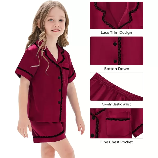 SWOMOG Women amp Girls Silk Satin Pajamas Set 2 Pcs Lace Pjs Button Down Sleepwear Nightwear Gifts for KidMom Mothers DayKids Wine Red