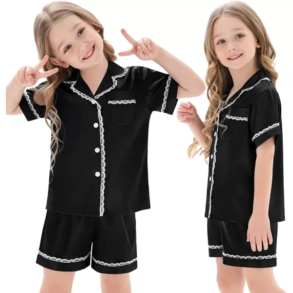 SWOMOG Women amp Girls Silk Satin Pajamas Set 2 Pcs Lace Pjs Button Down Sleepwear Nightwear Gifts for KidMom Mothers DayWomen Black