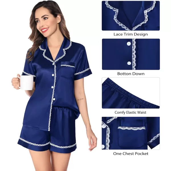 SWOMOG Women amp Girls Silk Satin Pajamas Set 2 Pcs Lace Pjs Button Down Sleepwear Nightwear Gifts for KidMom Mothers DayWomen Navy Blue