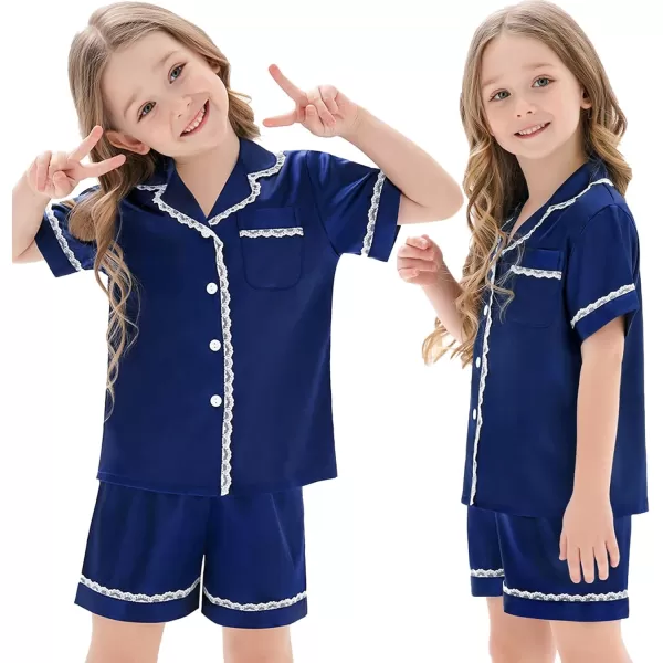 SWOMOG Women amp Girls Silk Satin Pajamas Set 2 Pcs Lace Pjs Button Down Sleepwear Nightwear Gifts for KidMom Mothers DayWomen Navy Blue