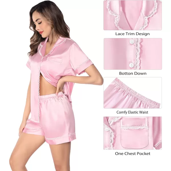 SWOMOG Women amp Girls Silk Satin Pajamas Set 2 Pcs Lace Pjs Button Down Sleepwear Nightwear Gifts for KidMom Mothers DayWomen Pink