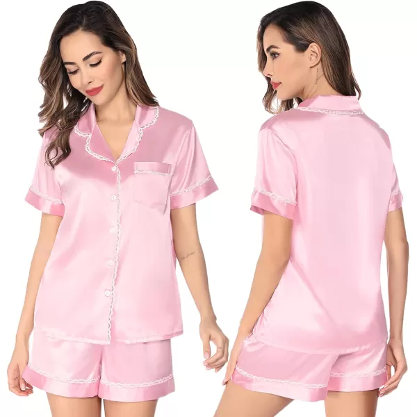 SWOMOG Women amp Girls Silk Satin Pajamas Set 2 Pcs Lace Pjs Button Down Sleepwear Nightwear Gifts for KidMom Mothers DayWomen Pink