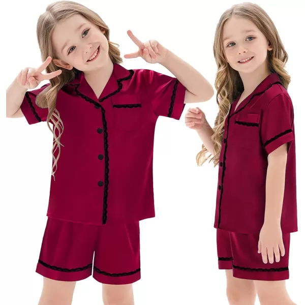 SWOMOG Women amp Girls Silk Satin Pajamas Set 2 Pcs Lace Pjs Button Down Sleepwear Nightwear Gifts for KidMom Mothers DayWomen Wine Red