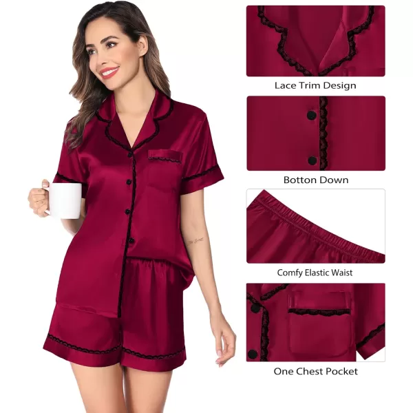 SWOMOG Women amp Girls Silk Satin Pajamas Set 2 Pcs Lace Pjs Button Down Sleepwear Nightwear Gifts for KidMom Mothers DayWomen Wine Red