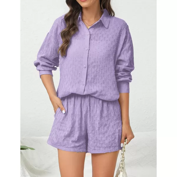 SWOMOG Womens 2 Piece Lounge Set Outfits Long Puff Sleeve Shirts High Waisted Shorts with Side Pockets Sweatsuit TracksuitLavender